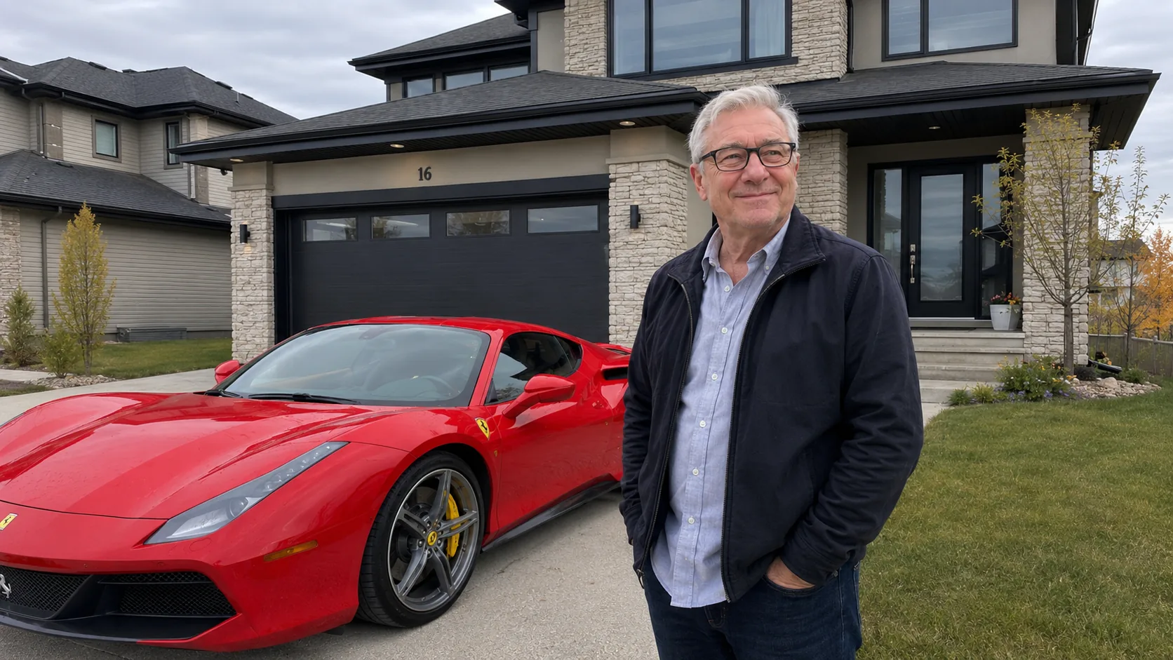 Illustrative editorial photo: a man near a suburban home with a red sports car in an ordinary Alberta neighbourhood, casual snapshot feel.