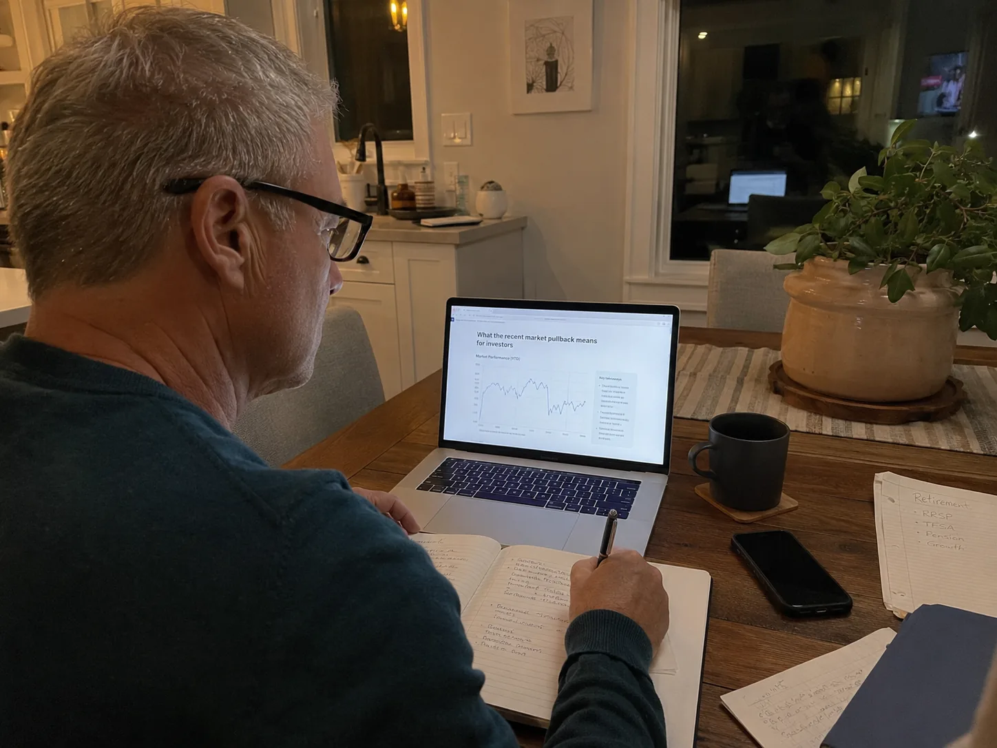 Illustrative editorial photo: home desk with laptop, notebook, pen and coffee; neutral chart or article on screen, no platform branding.